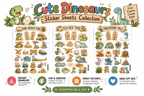 Cute Dinosaurs Sticker Sheets Collection Feature Image