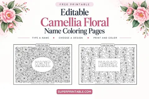Editable Camellia Floral Name Coloring Pages Feature Image