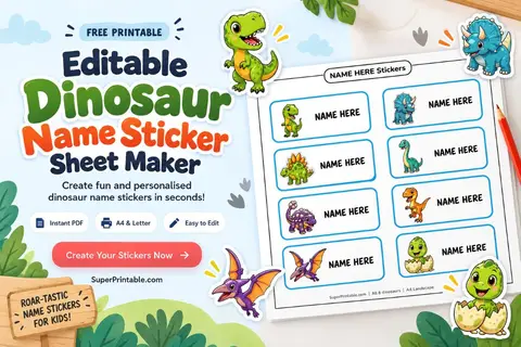 Editable Dinosaur Name Sticker Sheets