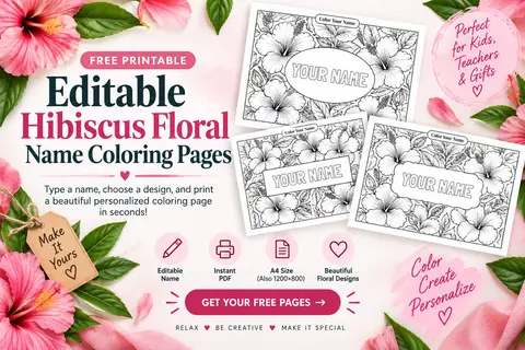 Editable Hibiscus Floral Name Coloring Pages Featured