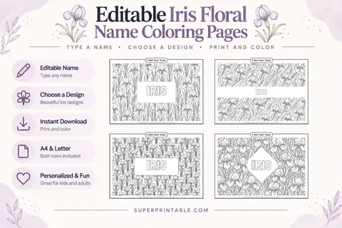 Editable Iris Floral Name Coloring Pages