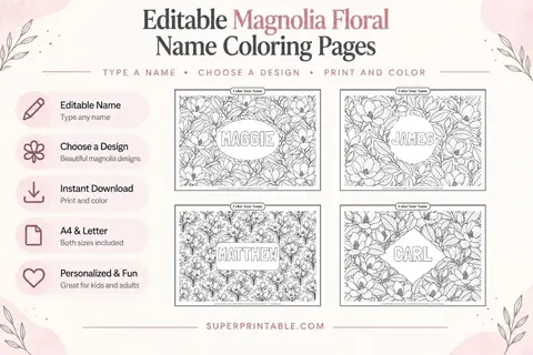 Editable Magnolia Floral Name Coloring Pages Feature Image