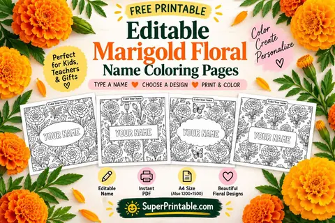 Editable Marigold Floral Name Coloring Pages