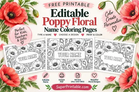 Create custom poppy floral name coloring pages for free. Type any name, choose from 8 artistic poppy frames, and download your free printable PDF sheet.