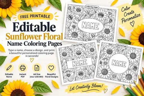 Editable Sunflower Floral Name Coloring Pages