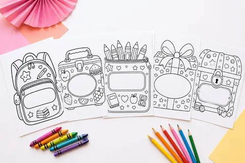Free personalized name box coloring page generator with backpack, lunchbox, gift, treasure chest, and camera printables