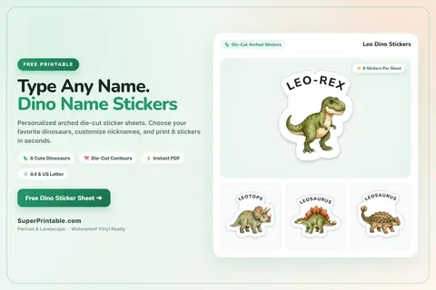 Turn any child's name into a dinosaur nickname like Leosaurus or Leo-Rex! Customize 8 arched die-cut sticker designs and download your instant free PDF.