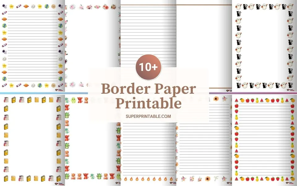 Collage of printable border papers with various themes, including emojis, flowers, books, and Halloween, overlaid with "10+ Border Paper Printable" text.