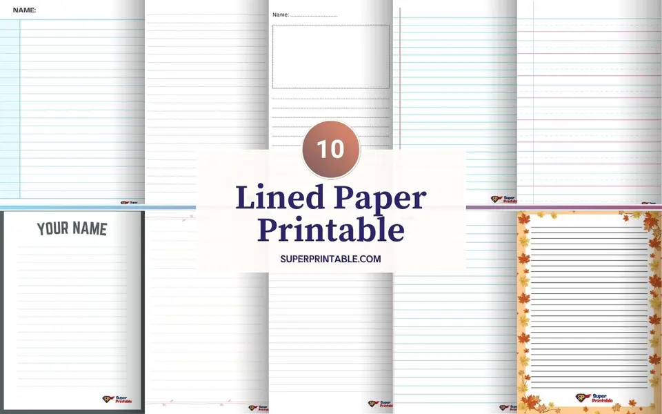 "Collage of 10 printable lined paper designs from SuperPrintable.com, featuring various layouts and styles, including seasonal leaf borders."