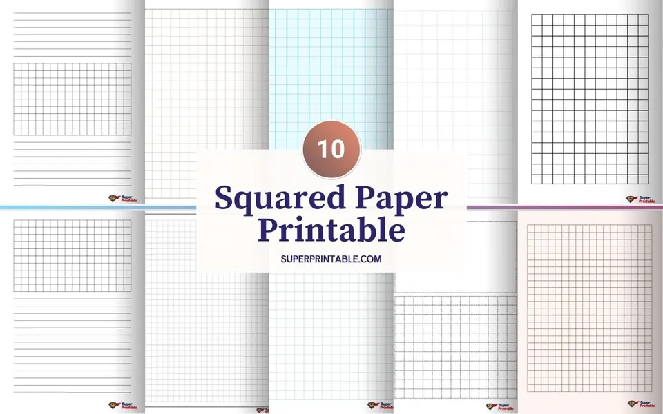 A variety of ten squared paper printable designs displayed in a grid layout. Each design features different line and grid sizes, perfect for note-taking or drawing.