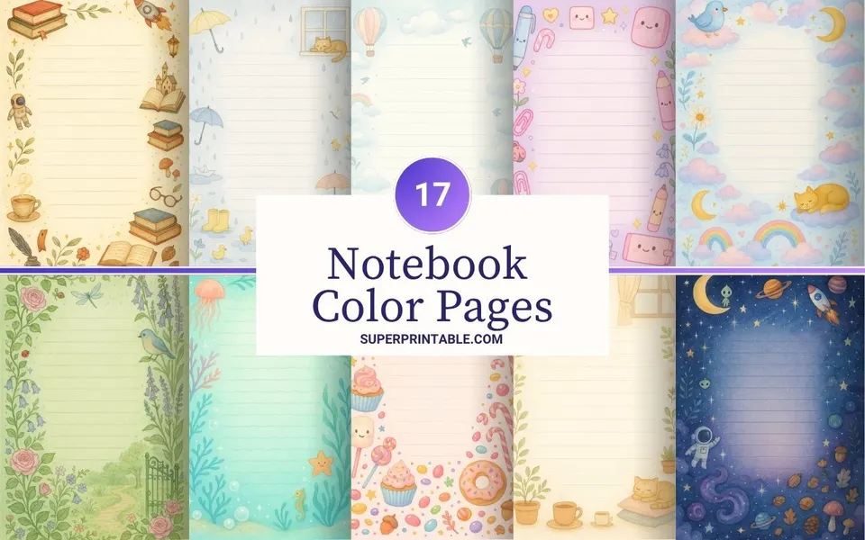 Colorful notebook pages collage, each with different playful themes like space, underwater, and nature. Center text reads "17 Notebook Color Pages." Vibrant, creative vibe.