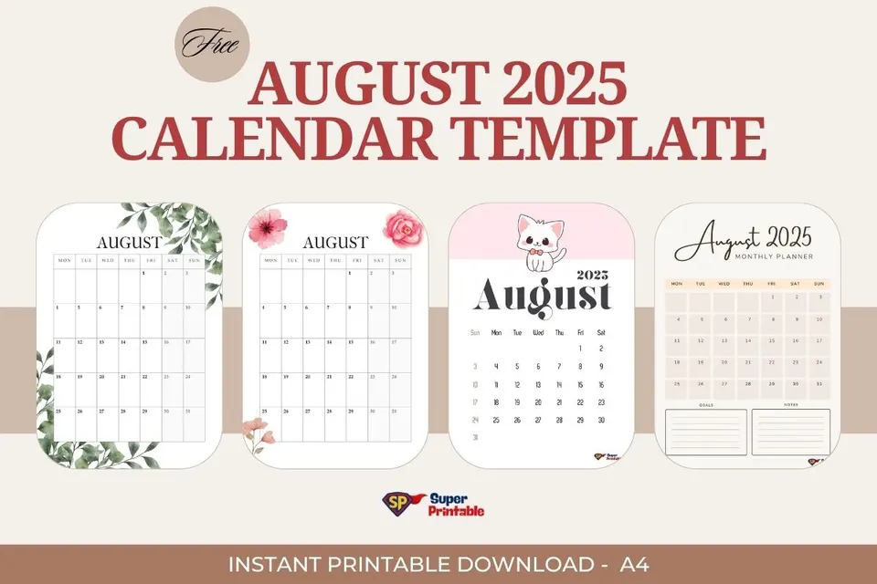 Four August 2025 calendar templates with floral and cat designs. The top text says "August 2025 Calendar Template" and "Instant Printable Download - A4."