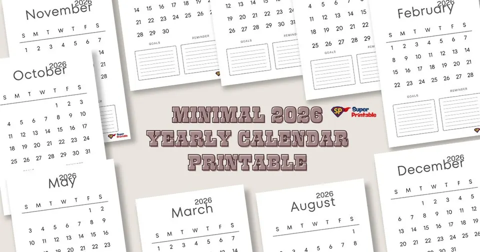 Minimal 2026 yearly calendar layout with simple black text on white background. Includes sections for goals and reminders. Title in bold, stylish font.