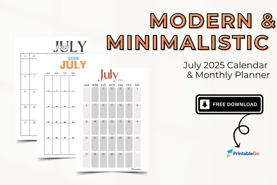 Minimalistic July 2025 Calendar & Monthly Planner: Free Printable