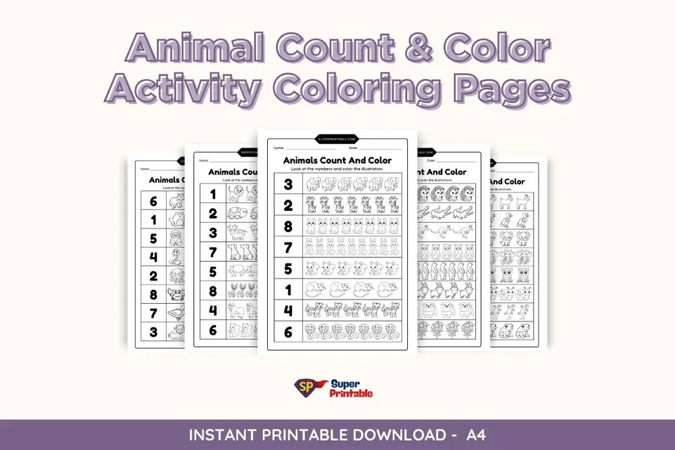 6 Animal Count & Color Activity Coloring Pages