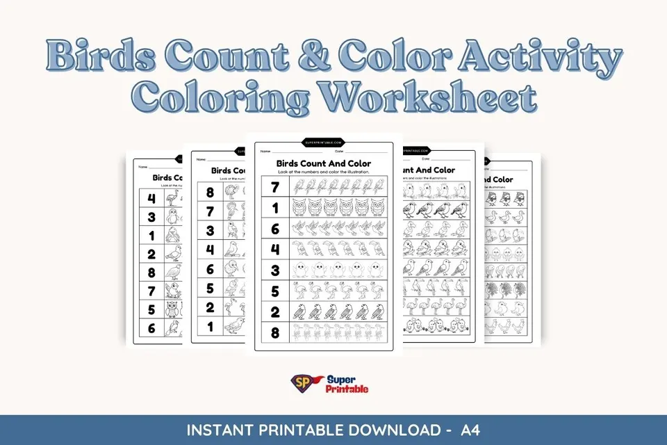 9 Birds Count & Color Activity Coloring Worksheet