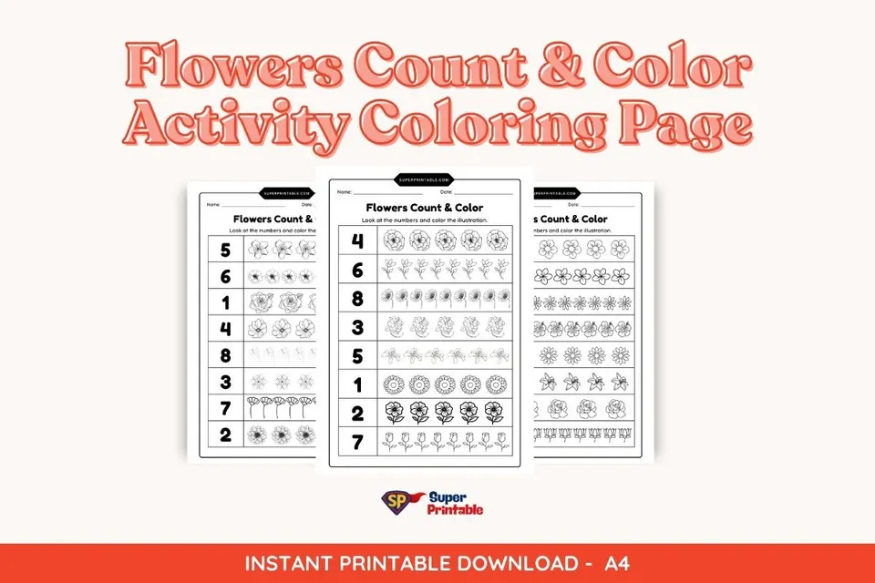 Flowers Count & Color Activity Coloring Page