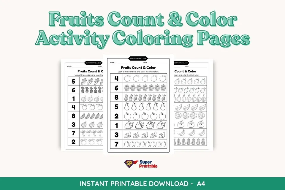 Fruits Count & Color Activity Coloring Pages