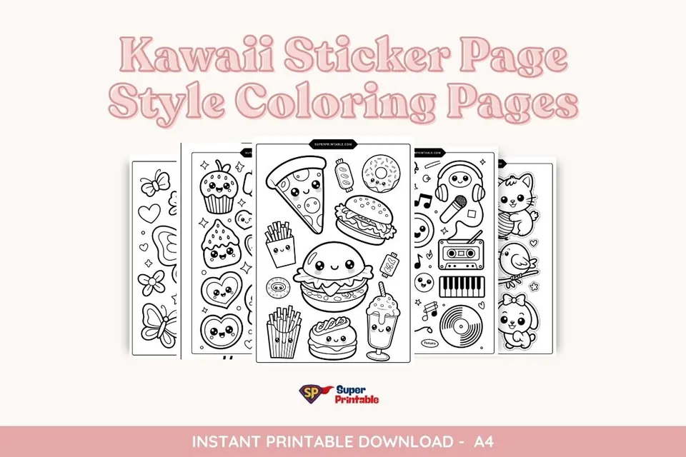 12 Kawaii Sticker Page Style Coloring Pages
