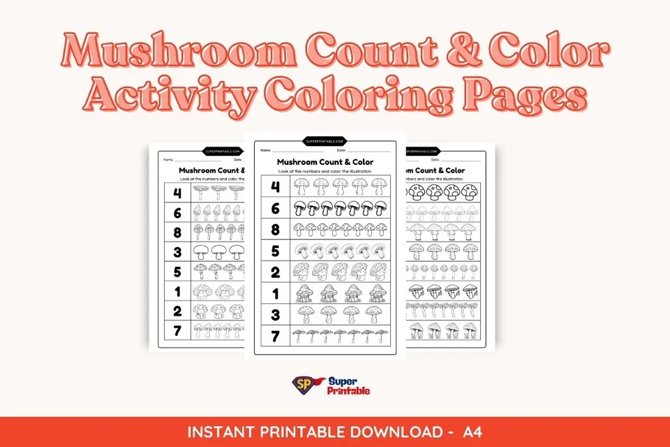Mushroom Count & Color Activity Coloring Pages