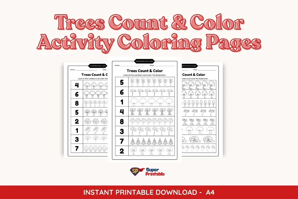 Trees Count & Color Activity Coloring Pages