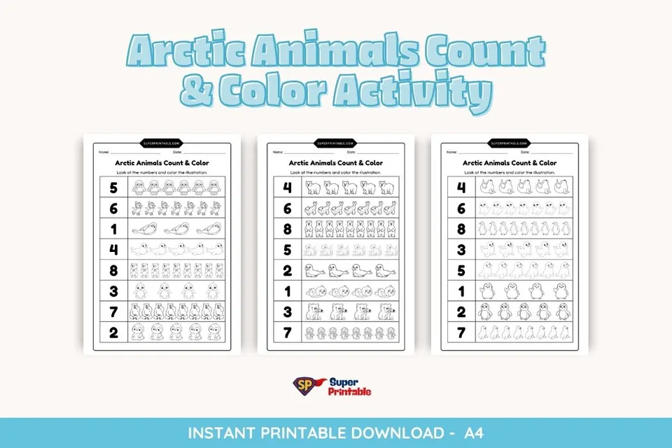 Arctic Animals Count & Color Activity Coloring Worksheet