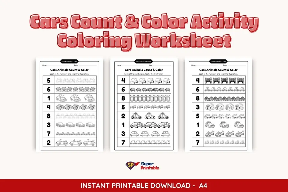 Cars Count & Color Activity Coloring Worksheet