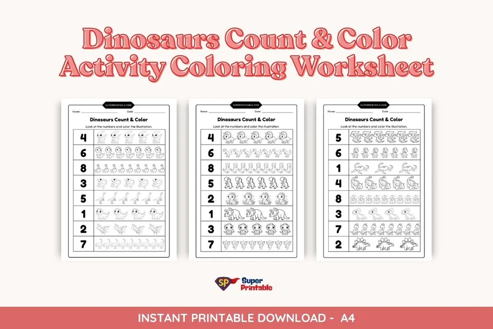 Dinosaurs Count & Color Activity Coloring Worksheet
