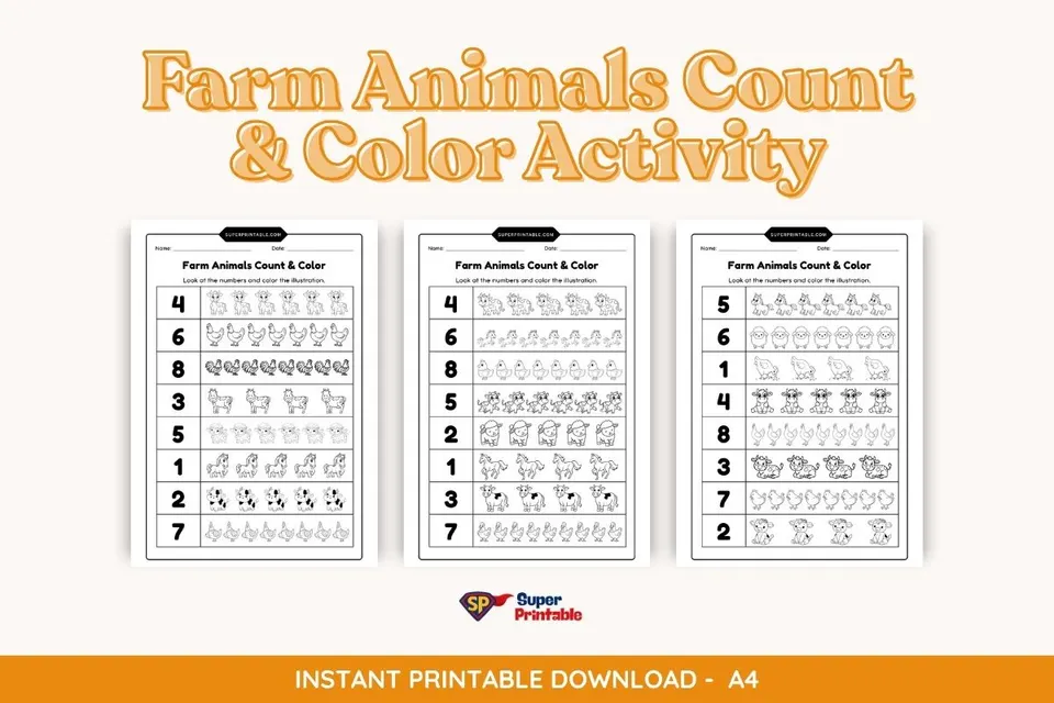 Farm Animals Count & Color Activity