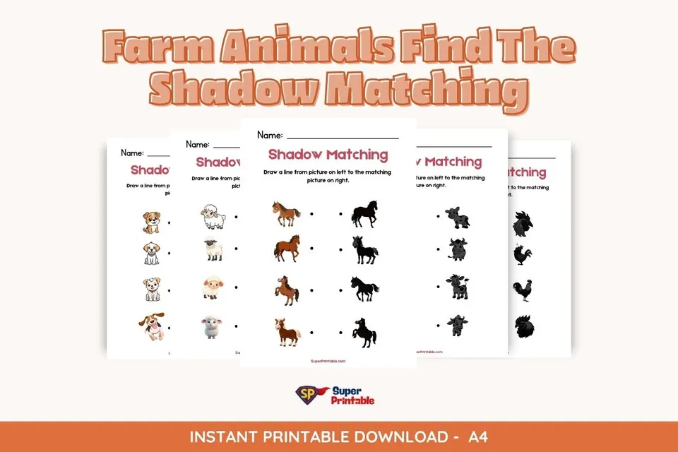 Farm Animals Find The Shadow Matching Worksheets Feature Image