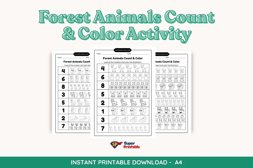 Forest Animals Count & Color Activity Coloring Pages