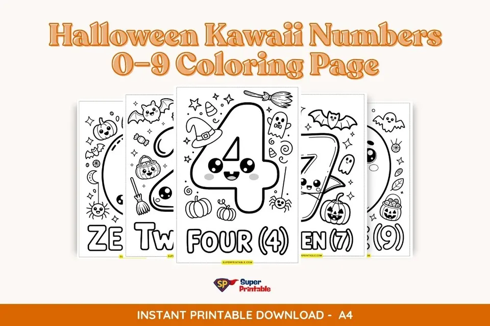 Halloween Kawaii Numbers 0–9 Coloring Page
