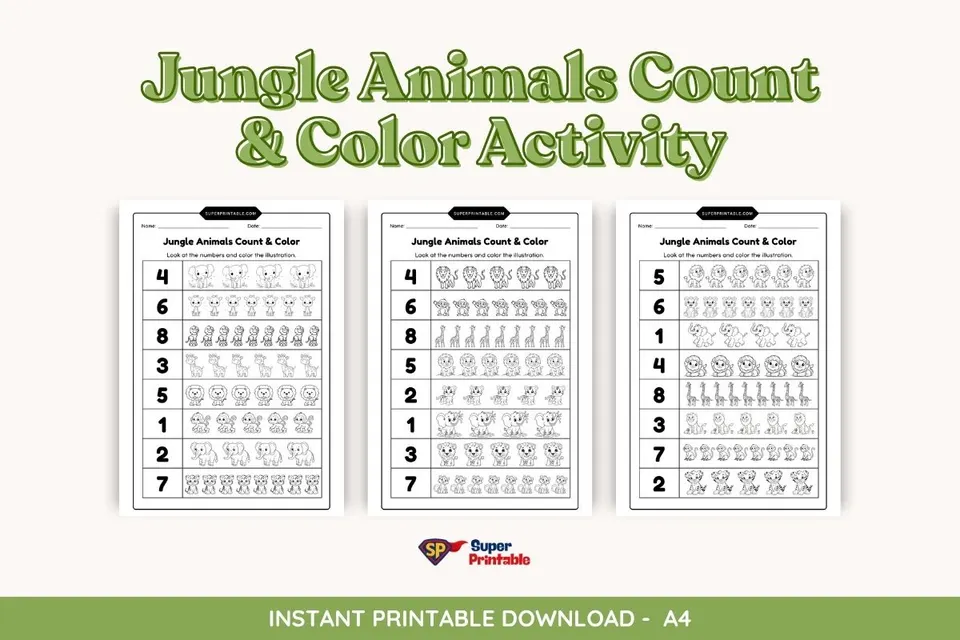 Jungle Animals Count & Color Activity Coloring Pages