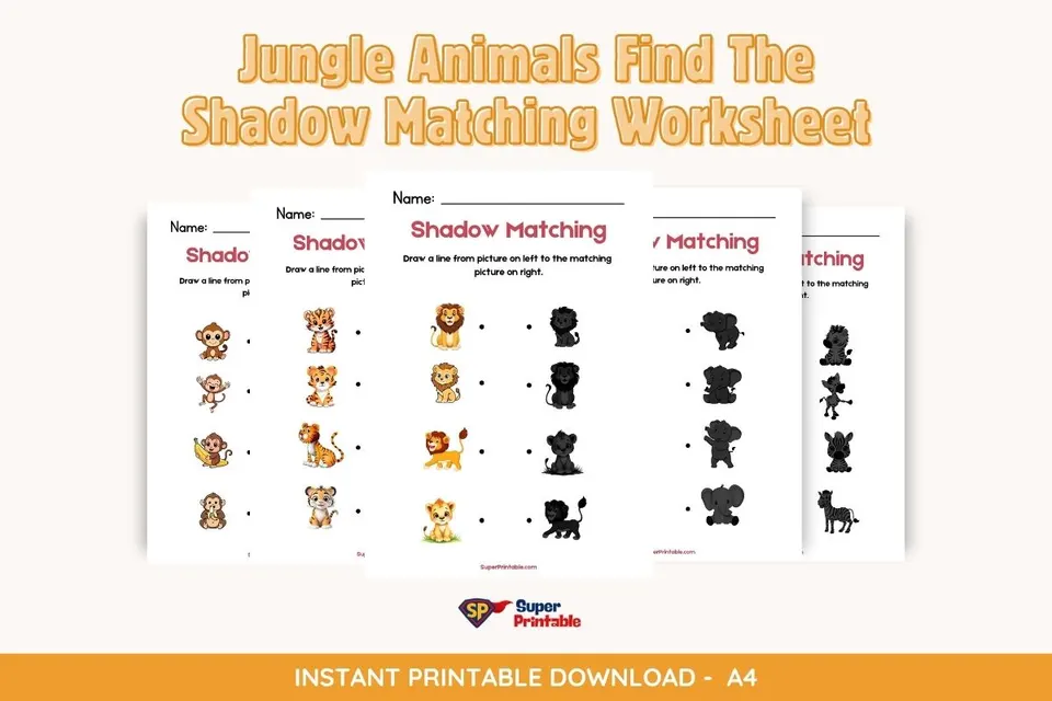 Jungle Animals Find The Shadow Matching Worksheet Feature Image
