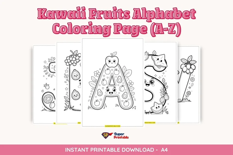 Kawaii Fruits Alphabet Coloring Page