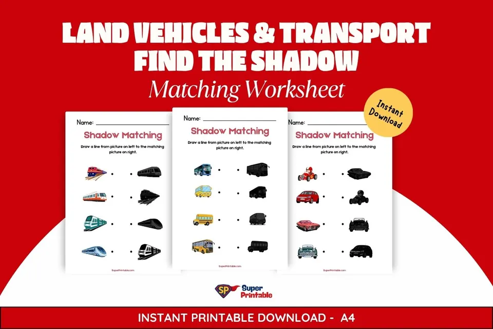 Land Vehicles & Transport Find The Shadow Matching Worksheet