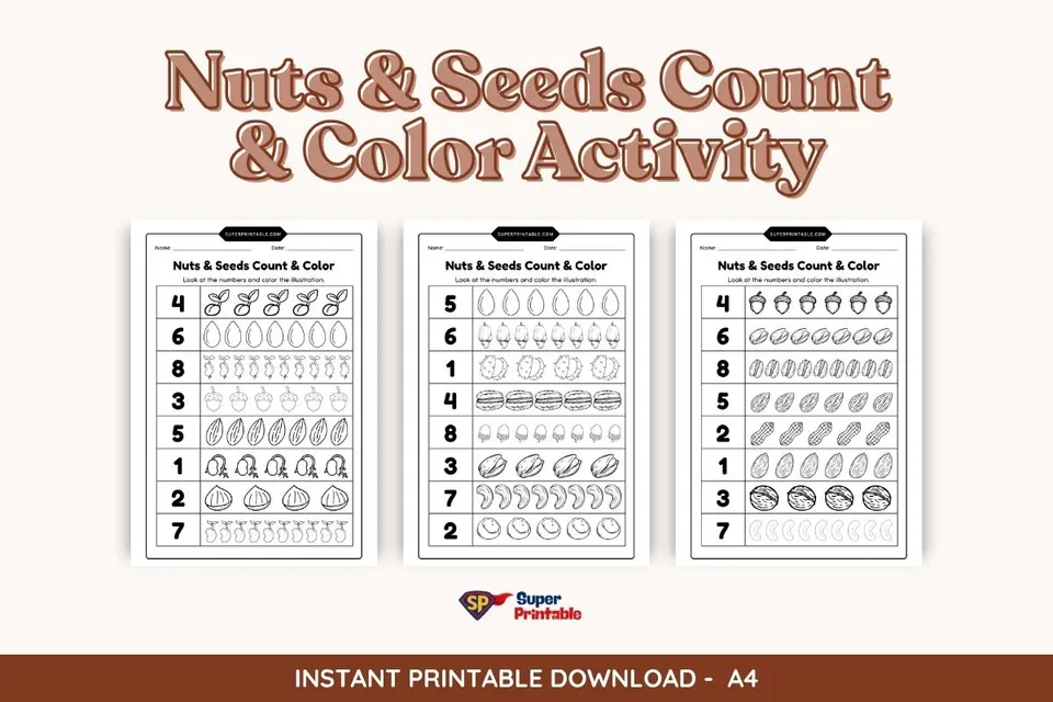 Nuts & Seeds Count & Color Activity Coloring Pages