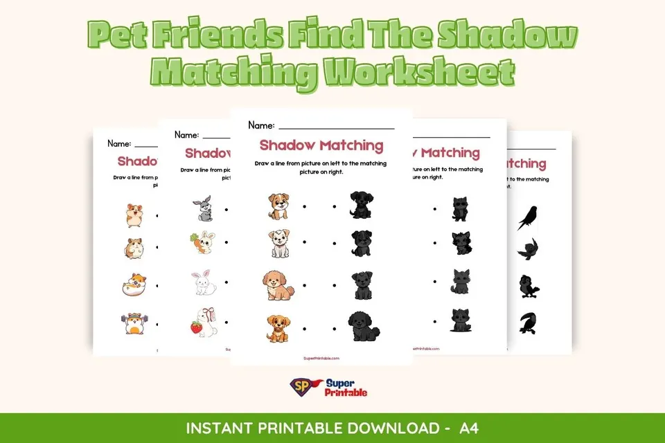 Pet Friends Find The Shadow Matching Worksheet
