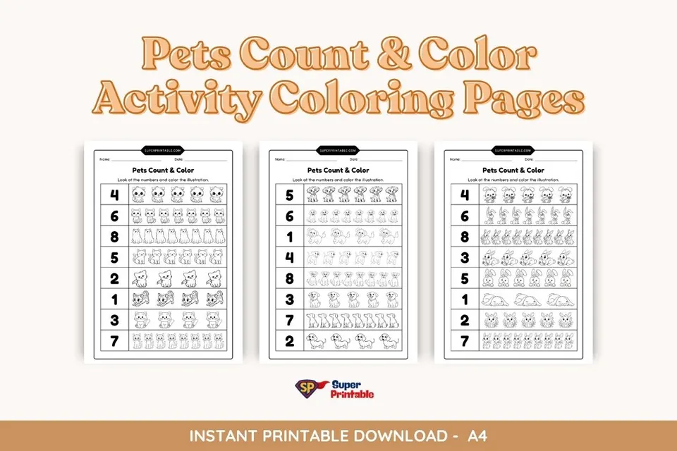Pets Count & Color Activity Coloring Pages