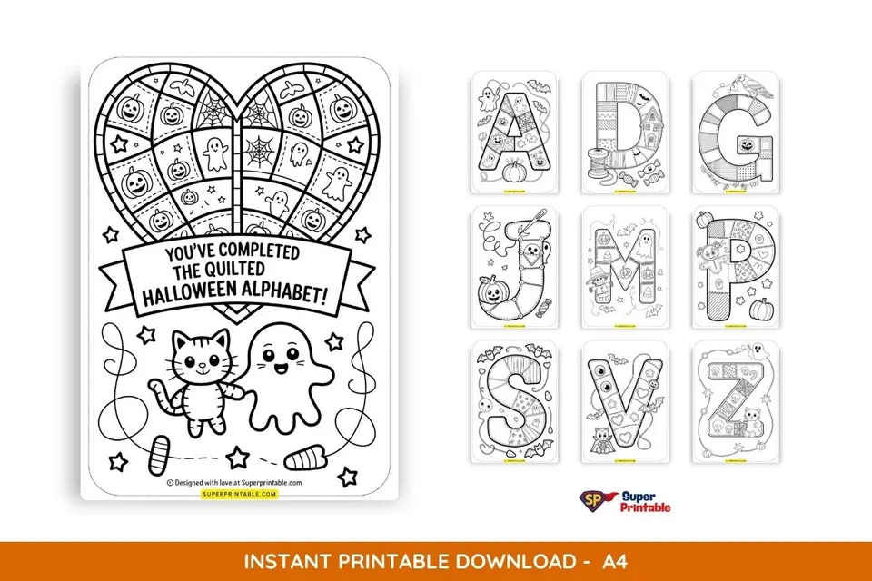 Quilted Halloween Alphabet Coloring Pages for Kids
