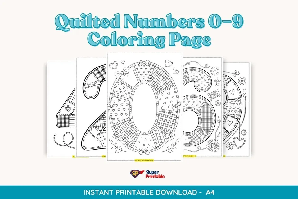 Quilted Numbers 0–9 Coloring Page