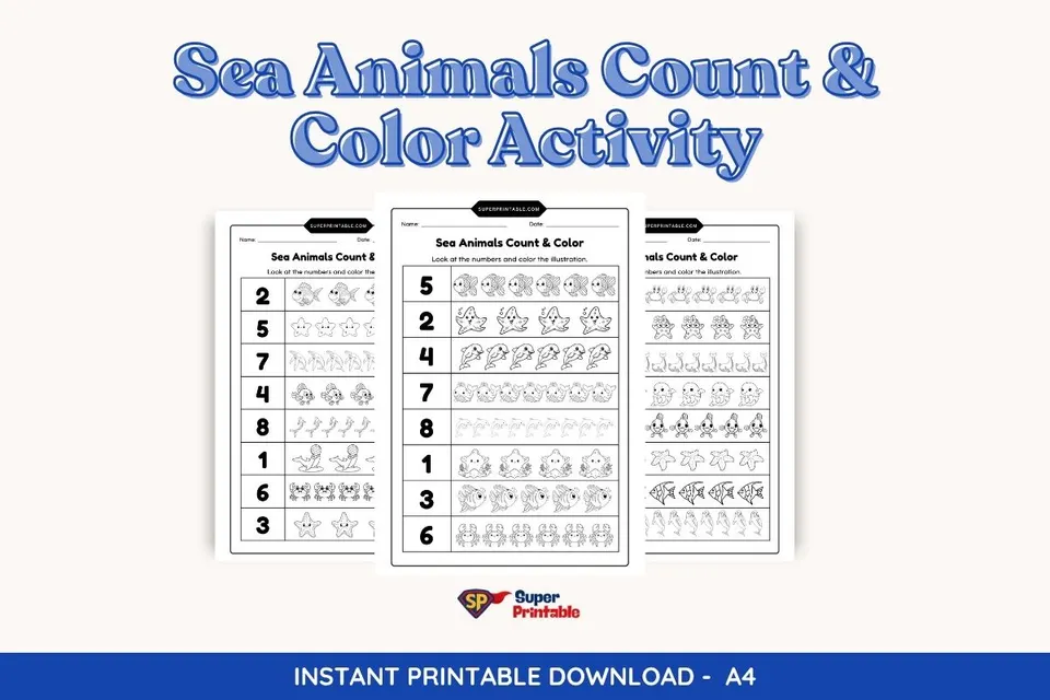 Sea Animals Count & Color Activity Coloring Pages