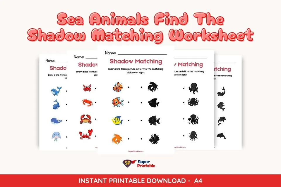 Sea Animals Find The Shadow Matching Worksheet Feature Image