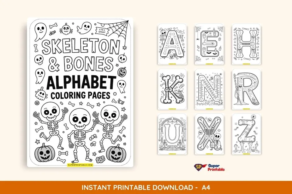 Skeleton & Bones Alphabet Coloring Pages