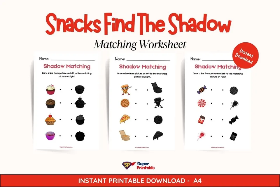 Snacks Find The Shadow Matching Worksheet Feature Image