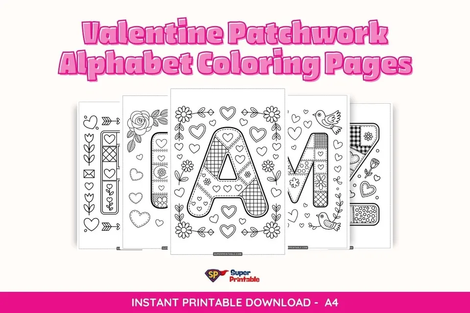 Valentine Patchwork Alphabet Coloring Pages