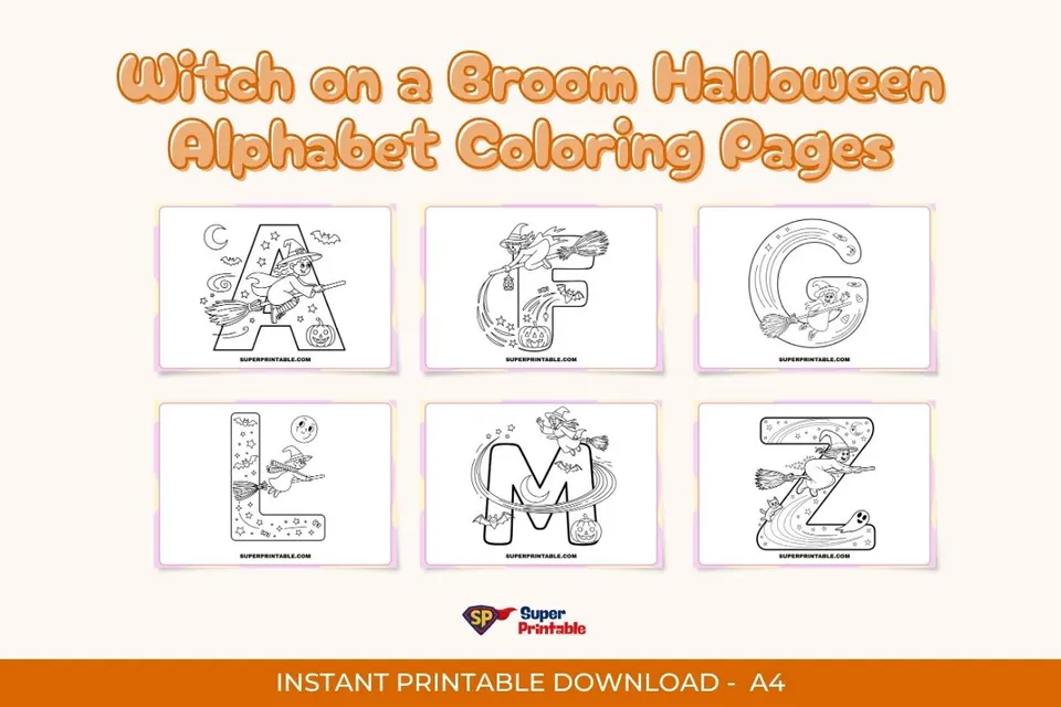 Witch on a Broom Halloween Alphabet Coloring Pages