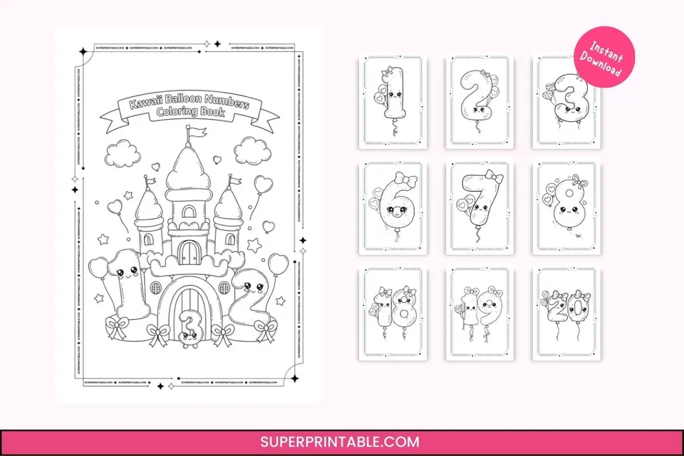 Kawaii Balloons Decor Numbers Coloring Pages