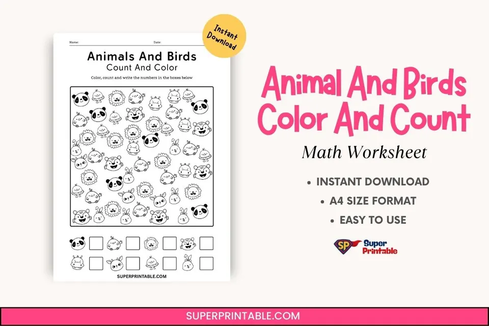 Animal And Birds Color And Count Math Worksheet Feature Image