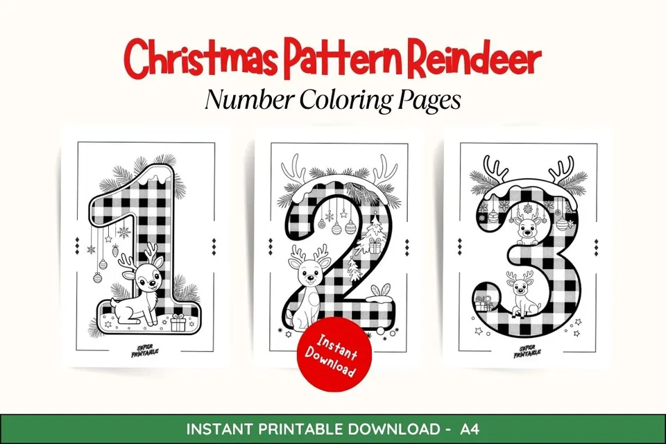 Christmas Pattern Reindeer Number Coloring Pages Feature Image